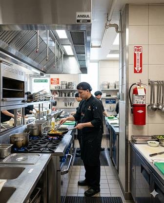Fire safety training in restaurant kitchen